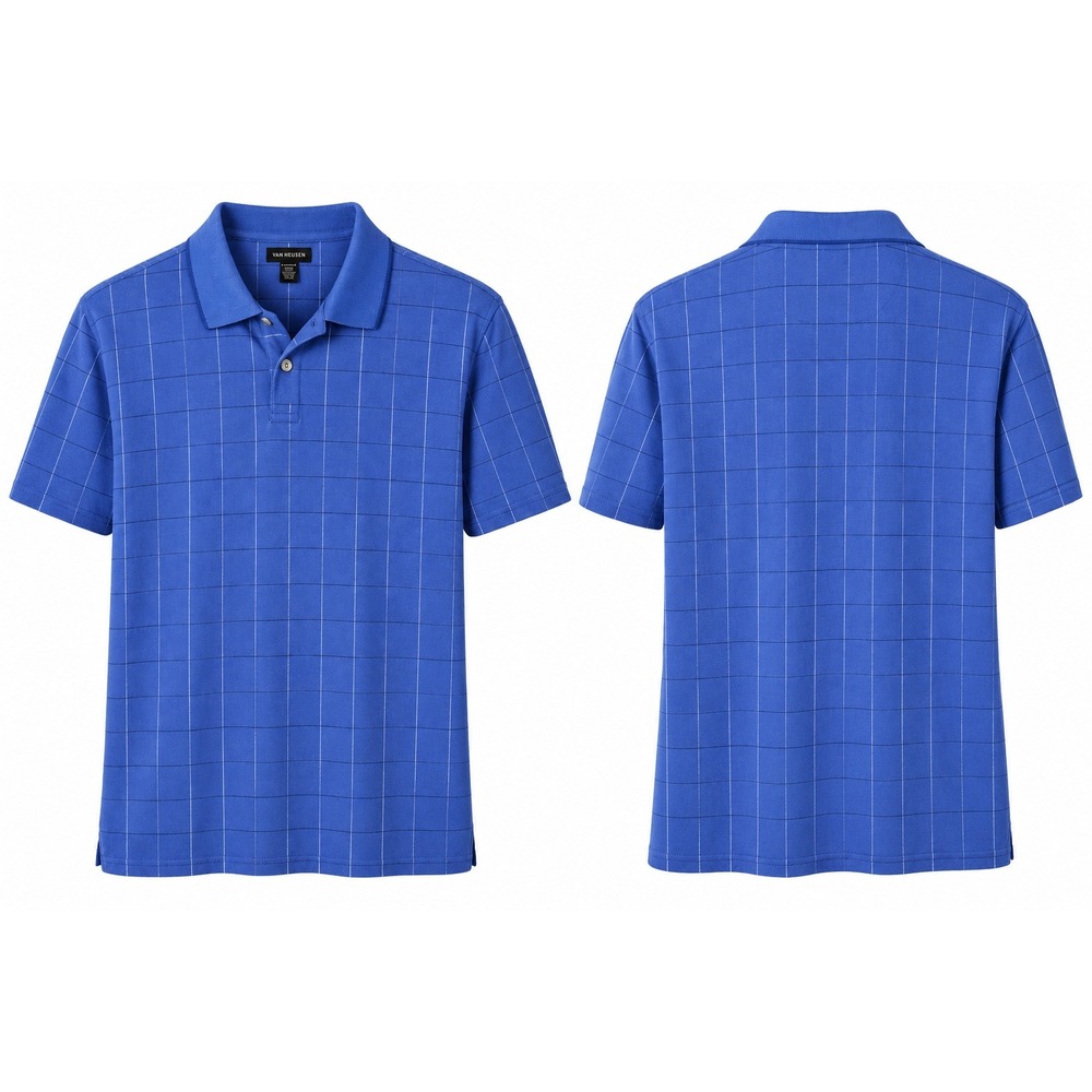 Van Heusen Mens XXL Blue Grid Pattern Short Sleeve Polo Shirt Business Casual